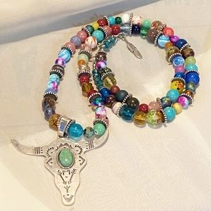 Multi Color Glass Bead Steer Head Boho Western Style Long Necklace